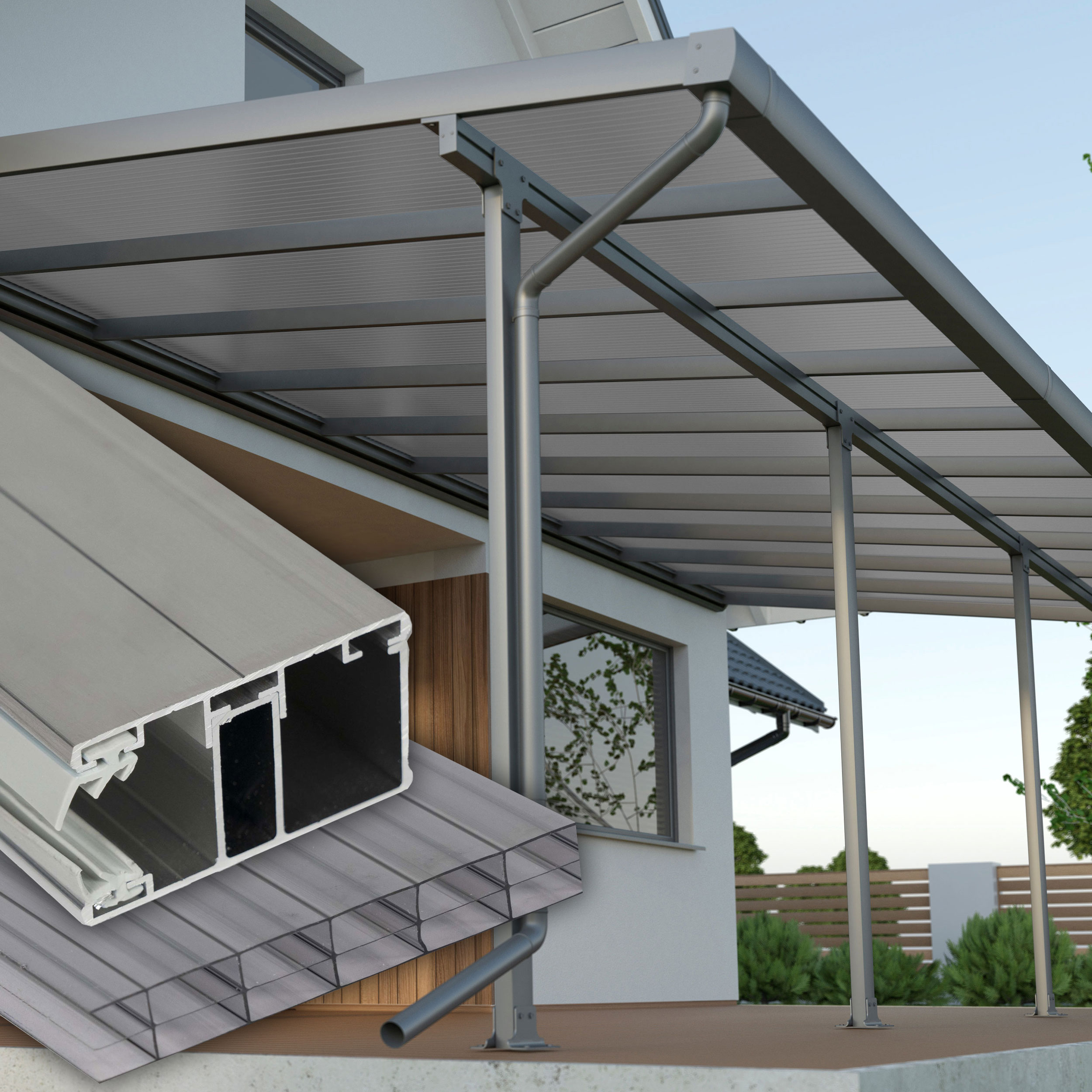Terrassenüberdachung Grau 3 fach Struktur Alu-Alu – Doppelstegplatten 16 mm Polycarbonat