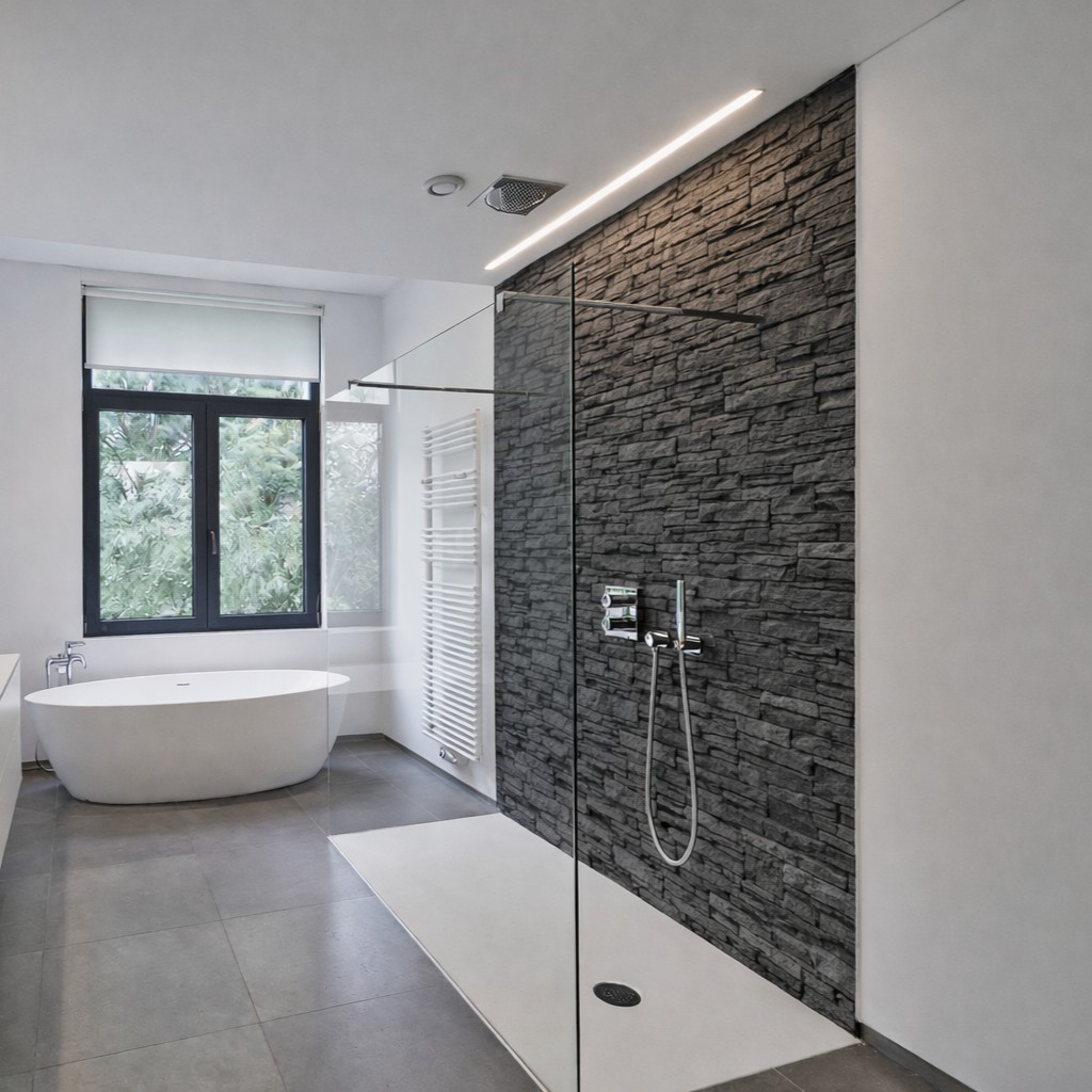 Wandverkleidung Bad Aluverbund - Bruchstein Dunkel | ALUCOM® Design Interieur