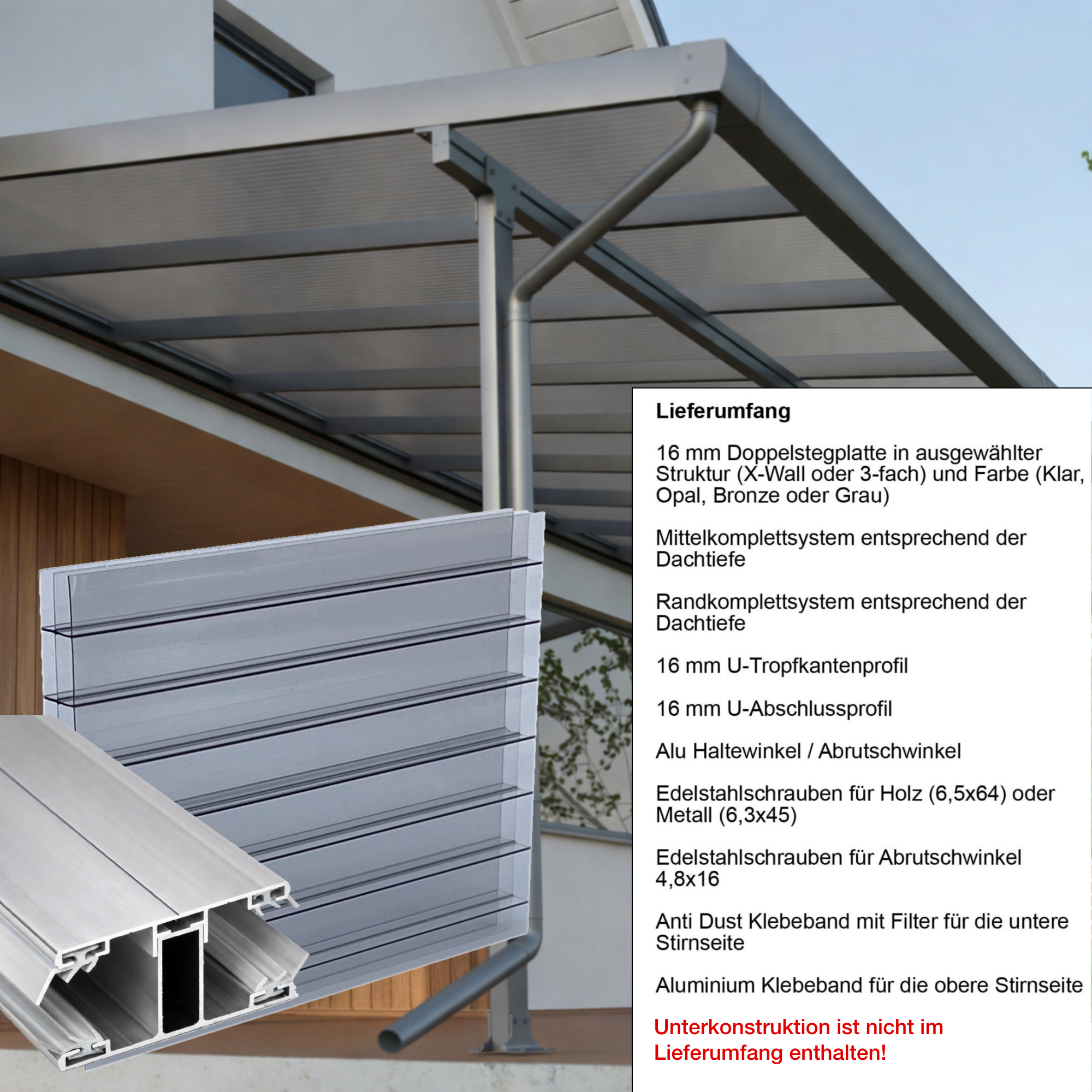 Terrassenüberdachung Grau 3 fach Struktur Alu-Alu – Doppelstegplatten 16 mm Polycarbonat