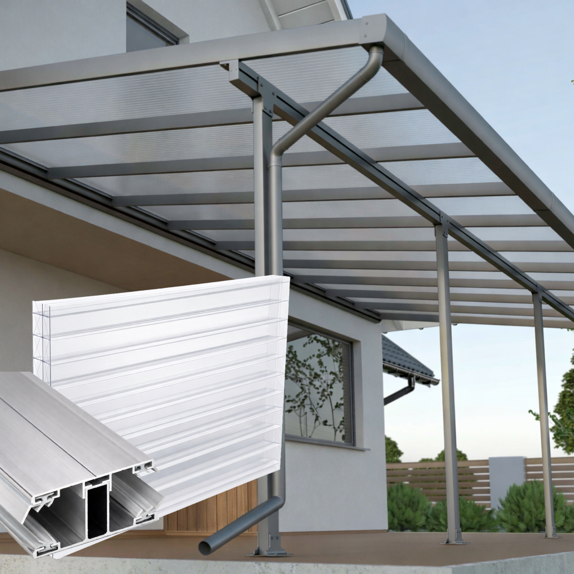 Terrassenüberdachung klar X Struktur Alu-Alu – Doppelstegplatten 16 mm Polycarbonat