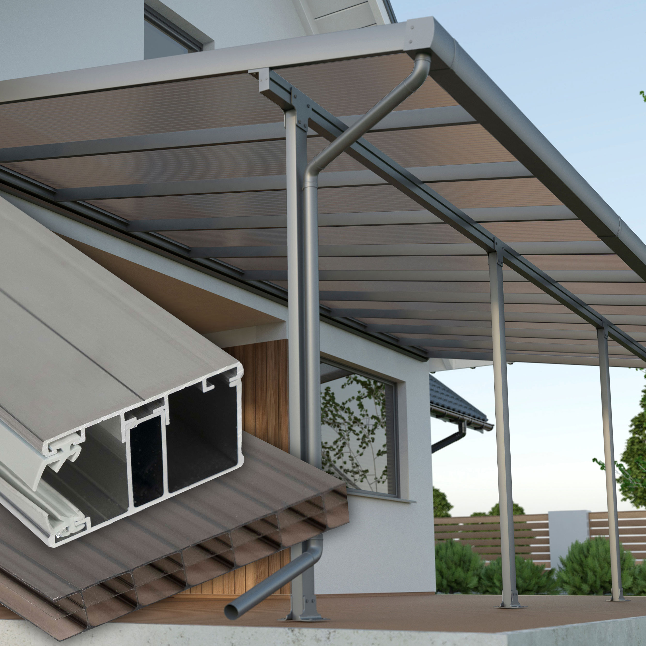 Terrassenüberdachung Bronze 3 fach Struktur Alu-Alu – Doppelstegplatten 16 mm Polycarbonat