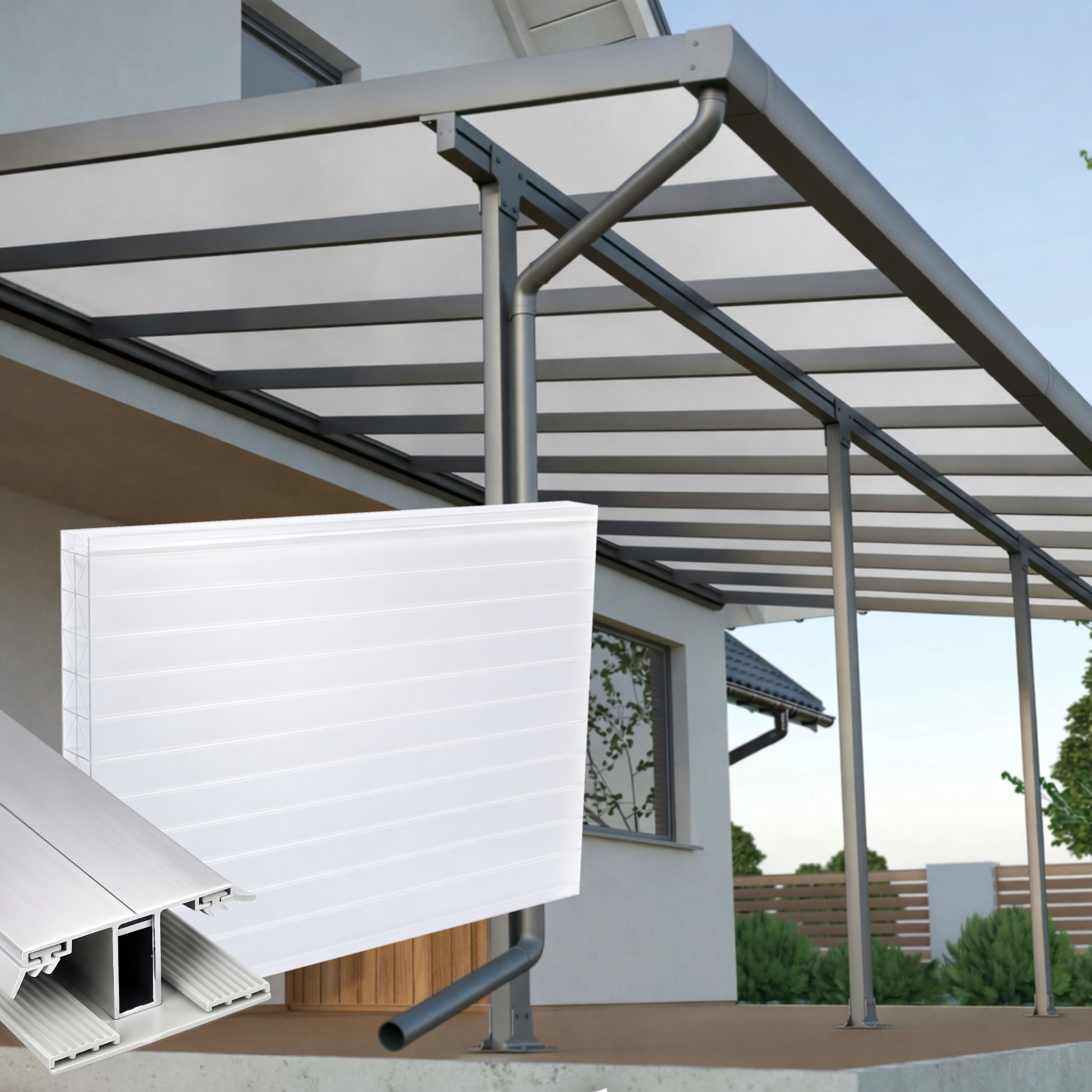 Terrassenüberdachung Weiß X Struktur Alu-Gummi – Doppelstegplatten 16 mm Polycarbonat 