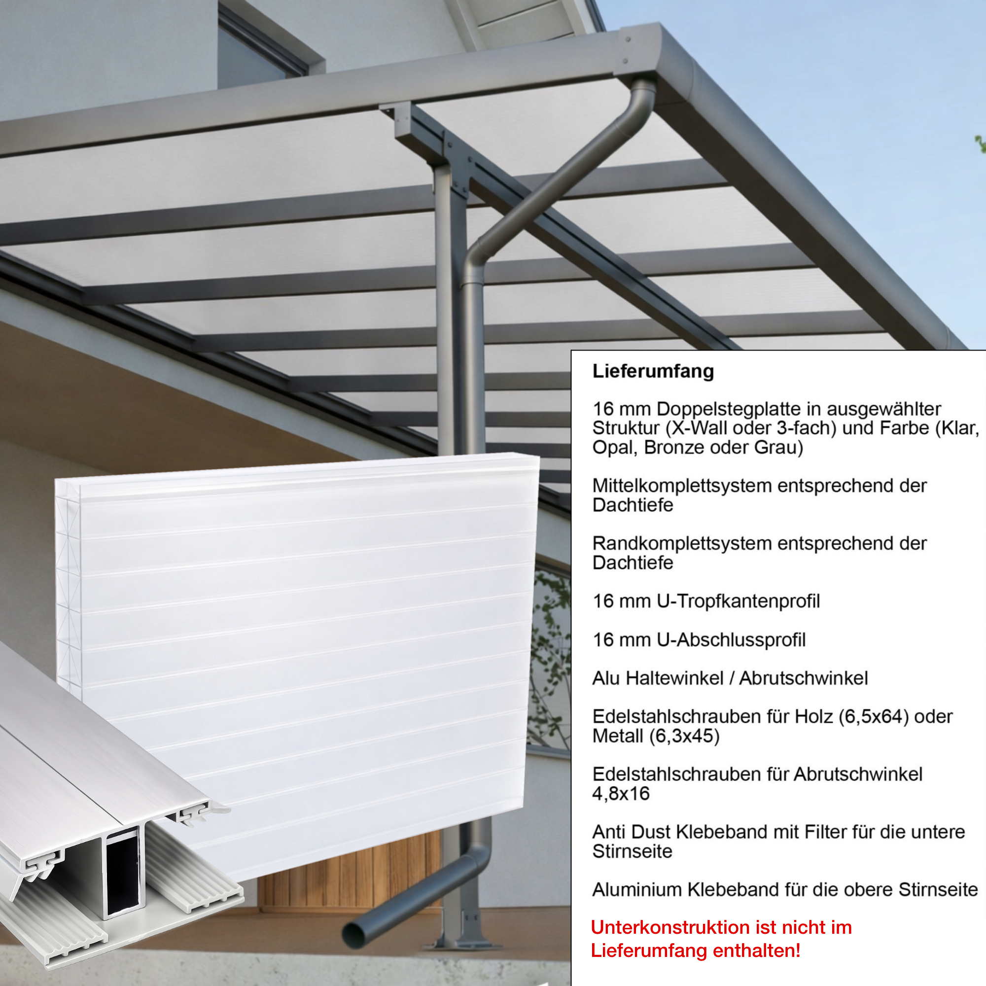 Terrassenüberdachung Weiß X Struktur Alu-Gummi – Doppelstegplatten 16 mm Polycarbonat 