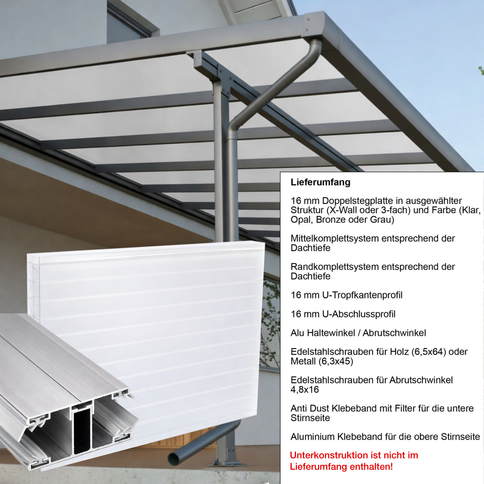 Terrassenüberdachung Weiß X Struktur Alu-Alu – Doppelstegplatten 16 mm Polycarbonat 