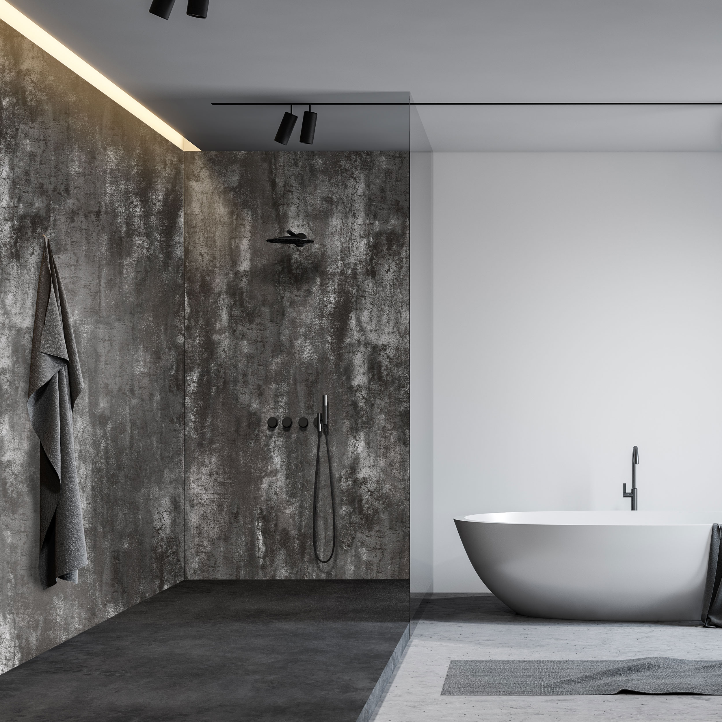 Wandverkleidung Bad Aluverbund - Metall oxidiert dunkel Steinstruktur | ALUCOM® Design Interieur