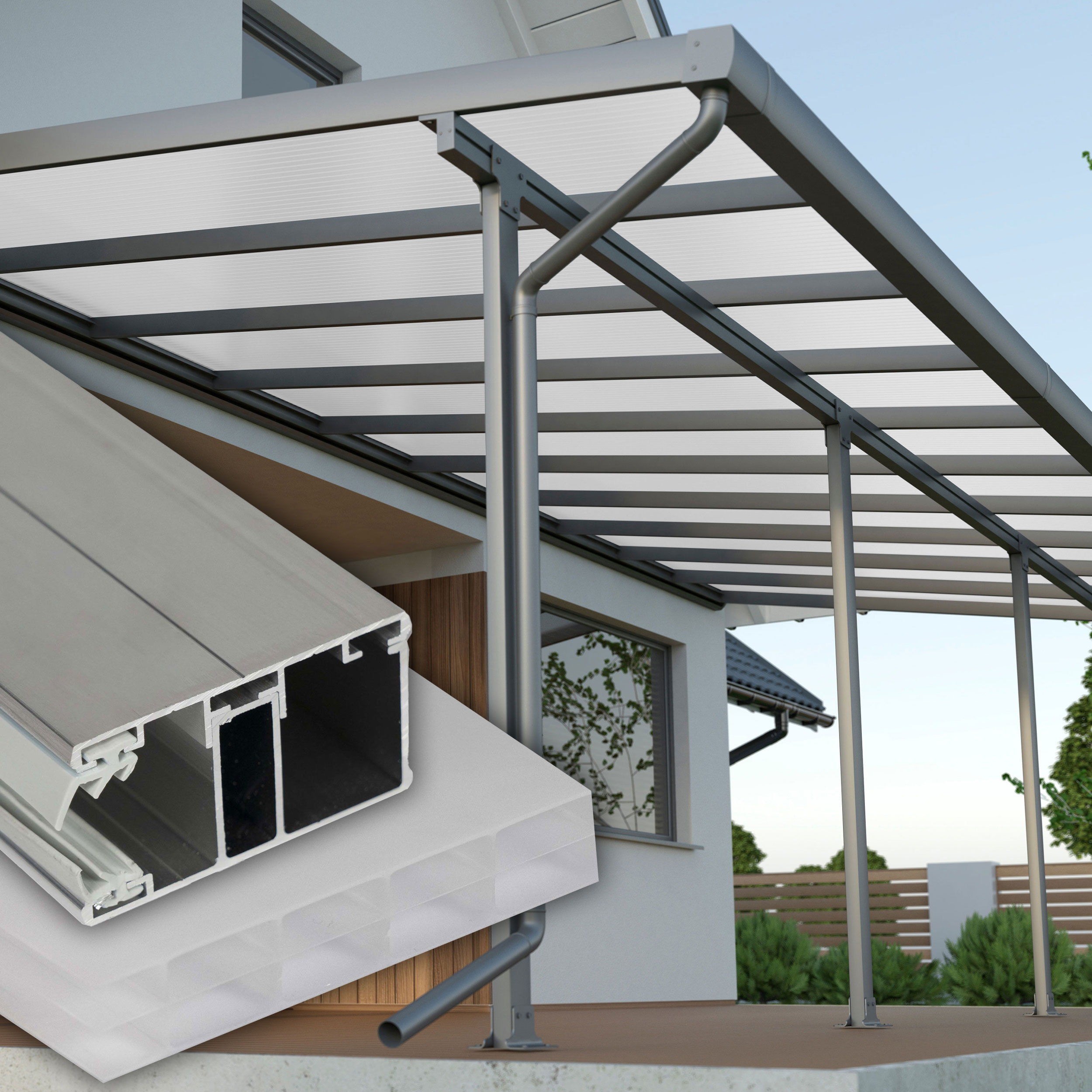 Terrassenüberdachung Weiß 3 fach Struktur Alu-Alu – Doppelstegplatten 16 mm Polycarbonat 