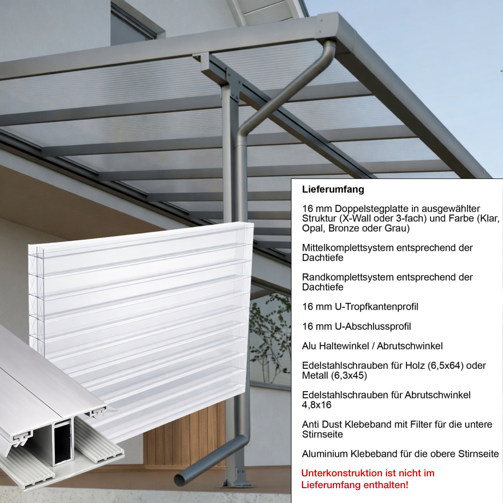 Terrassenüberdachung klar X Struktur Alu-Gummi – Doppelstegplatten 16 mm Polycarbonat 