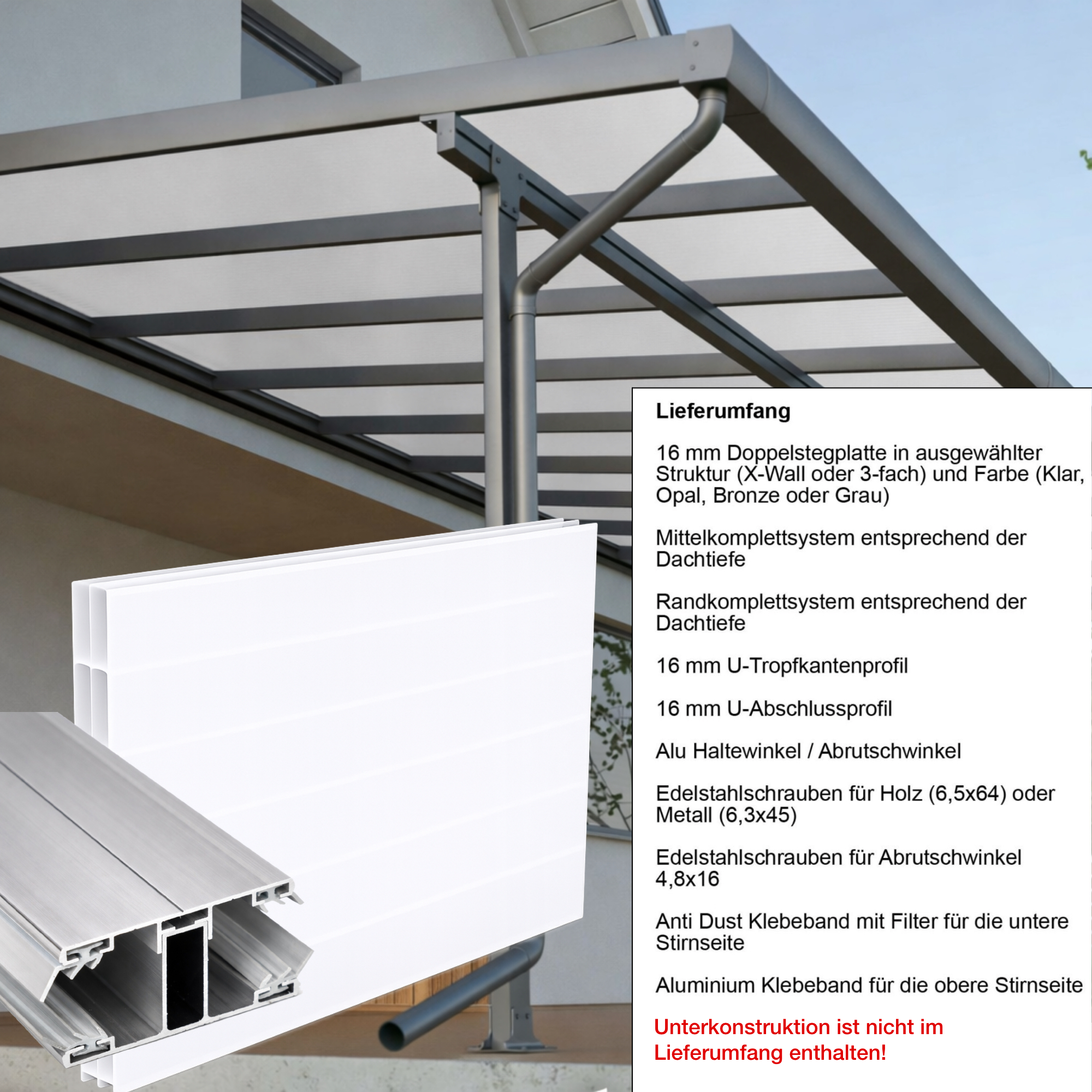 Terrassenüberdachung Weiß 3 fach Struktur Alu-Alu – Doppelstegplatten 16 mm Polycarbonat 
