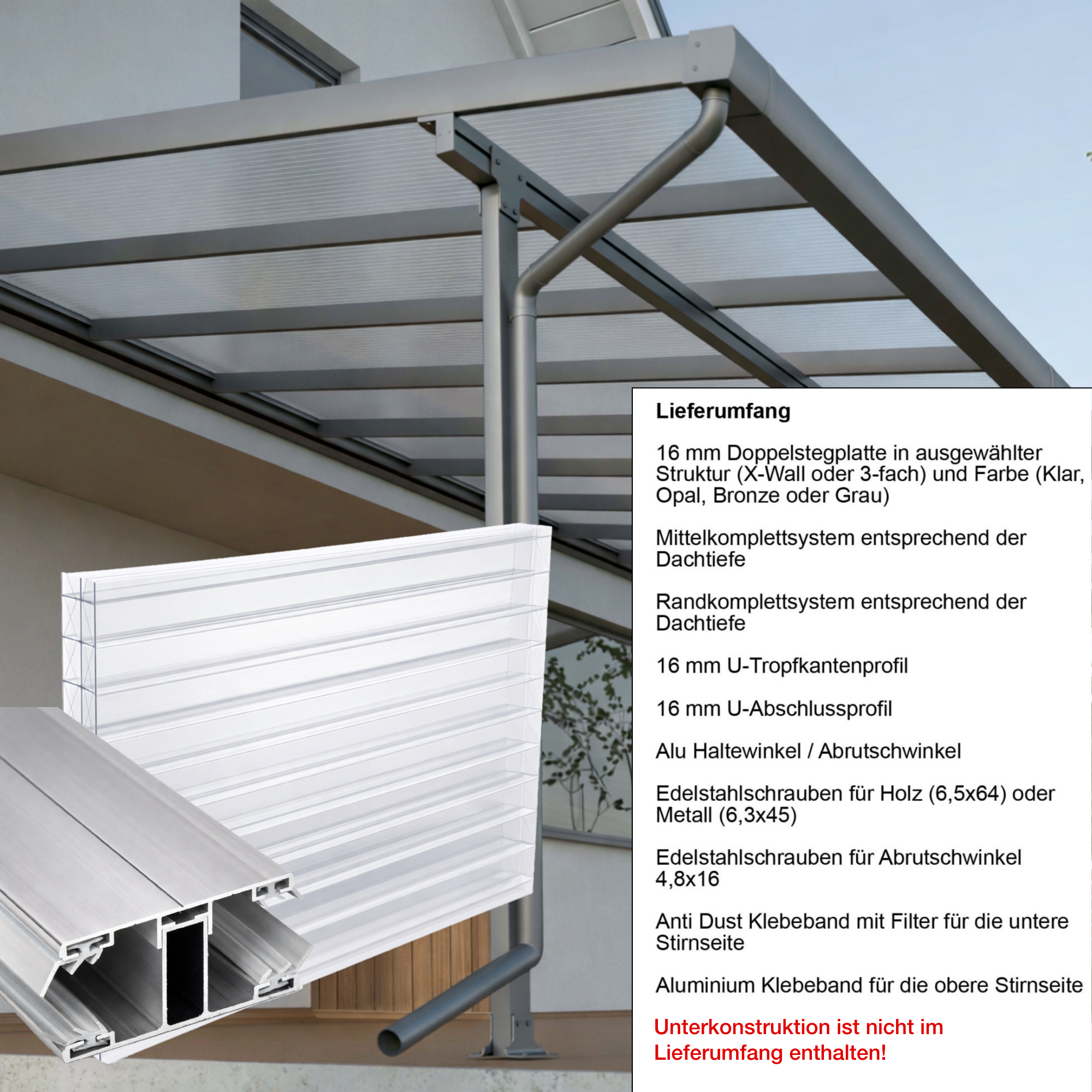 Terrassenüberdachung klar X Struktur Alu-Alu – Doppelstegplatten 16 mm Polycarbonat