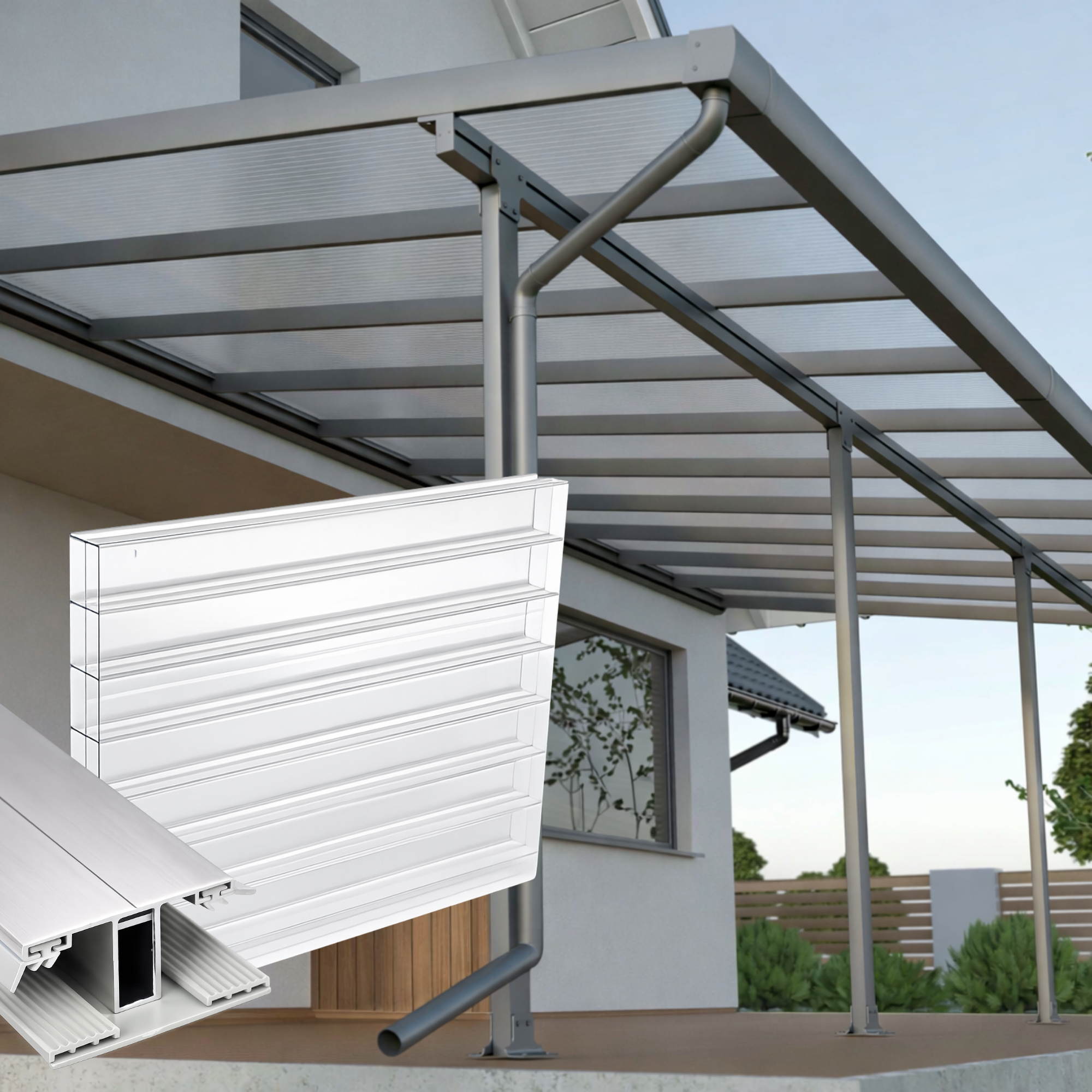 Terrassenüberdachung klar 3 fach Struktur Alu-Gummi – Doppelstegplatten 16 mm Polycarbonat