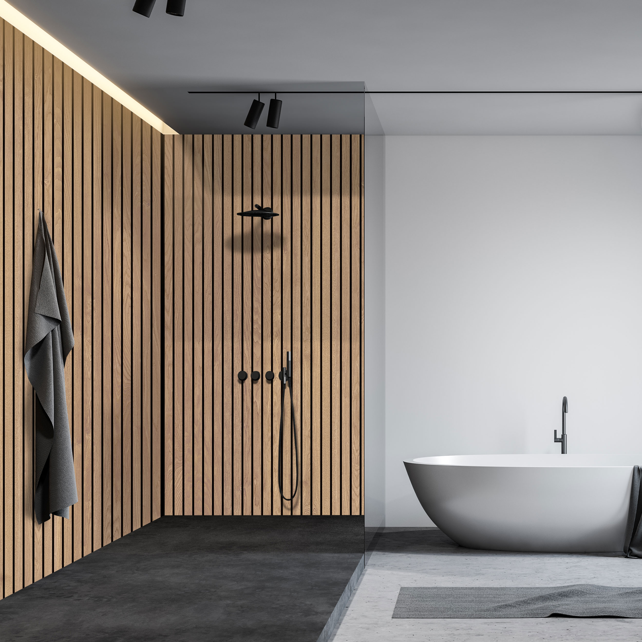 Wandverkleidung Bad Aluverbund - Wildeiche Lamelle | ALUCOM® Design Interieur