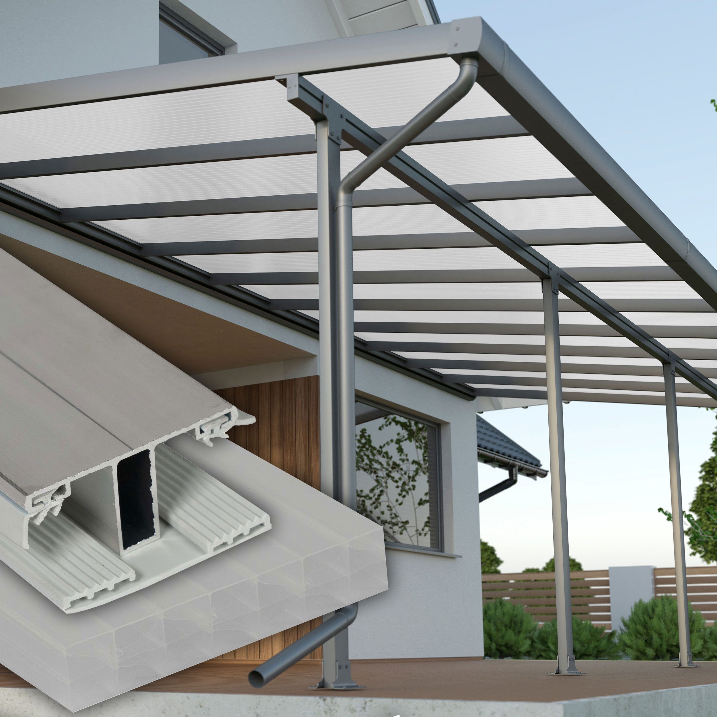 Terrassenüberdachung Weiß X Struktur Alu-Gummi – Doppelstegplatten 16 mm Polycarbonat 