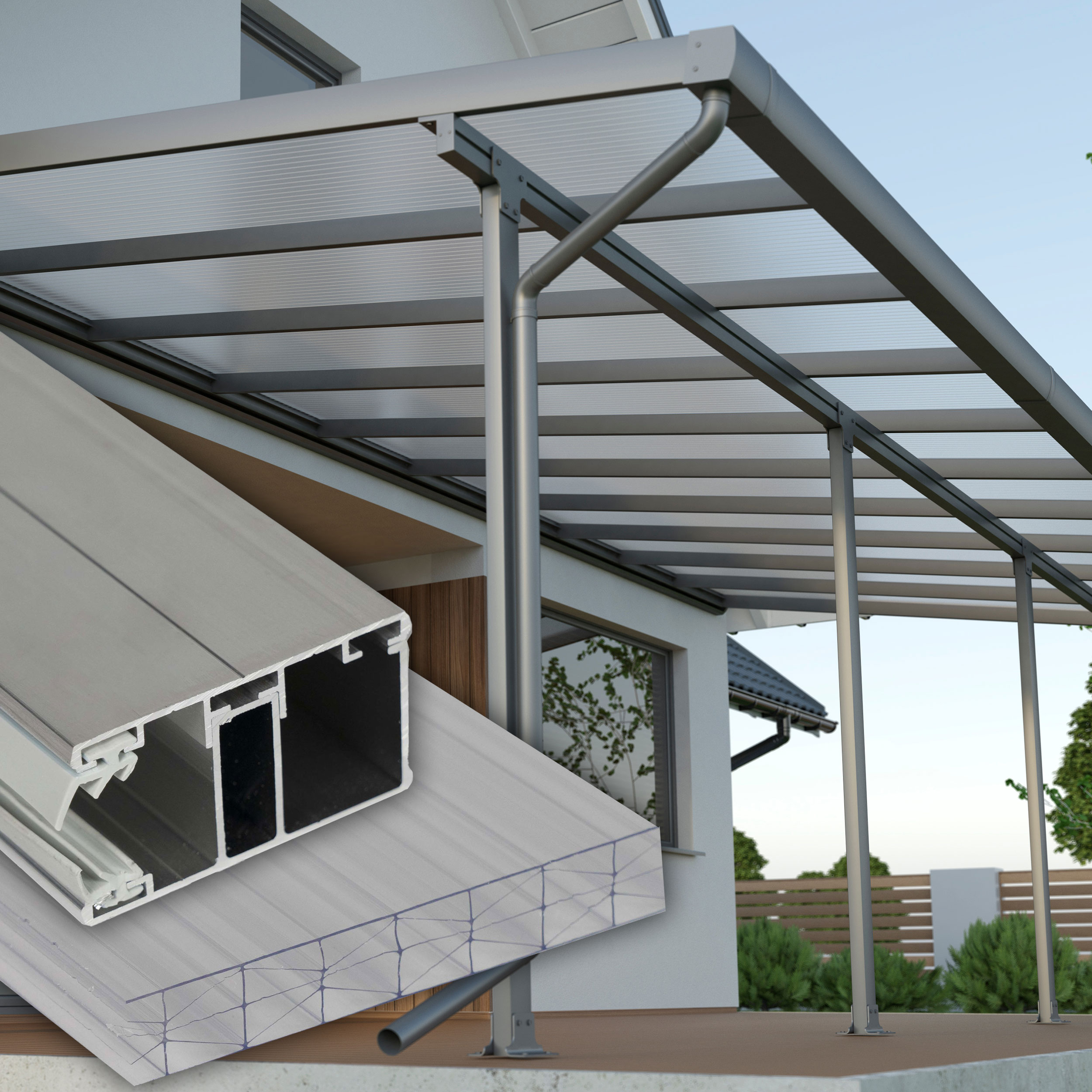 Terrassenüberdachung klar X Struktur Alu-Alu – Doppelstegplatten 16 mm Polycarbonat