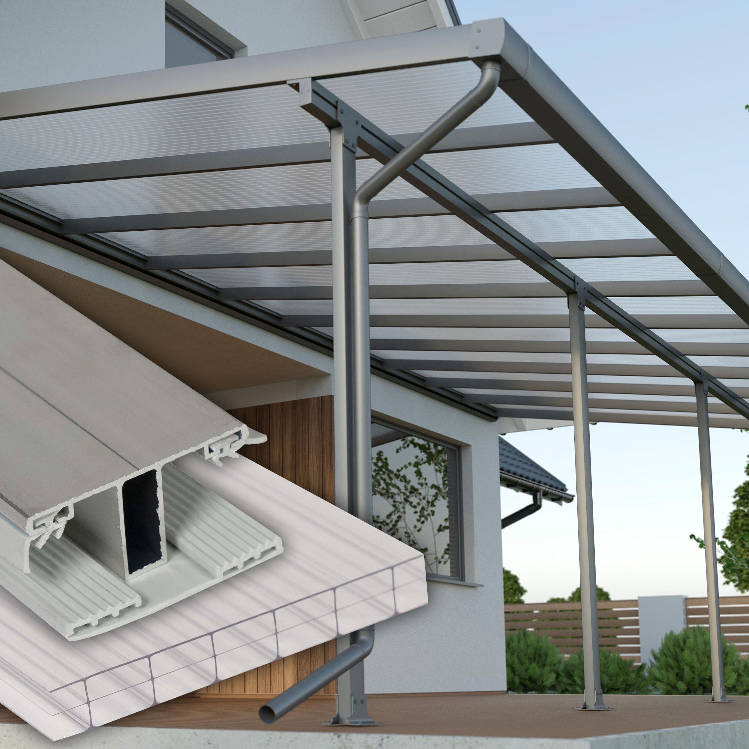 Terrassenüberdachung klar 3 fach Struktur Alu-Gummi – Doppelstegplatten 16 mm Polycarbonat