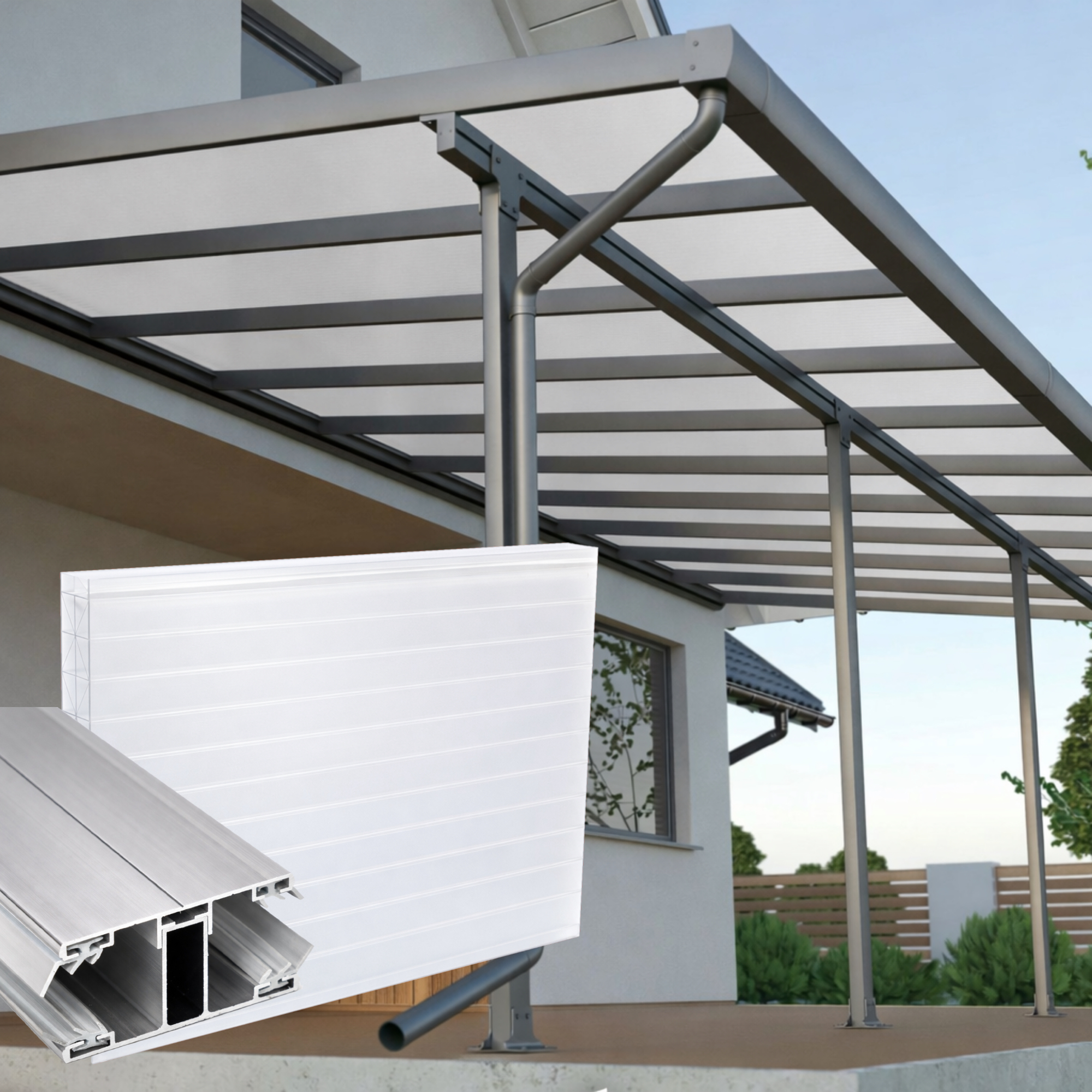 Terrassenüberdachung Weiß X Struktur Alu-Alu – Doppelstegplatten 16 mm Polycarbonat 