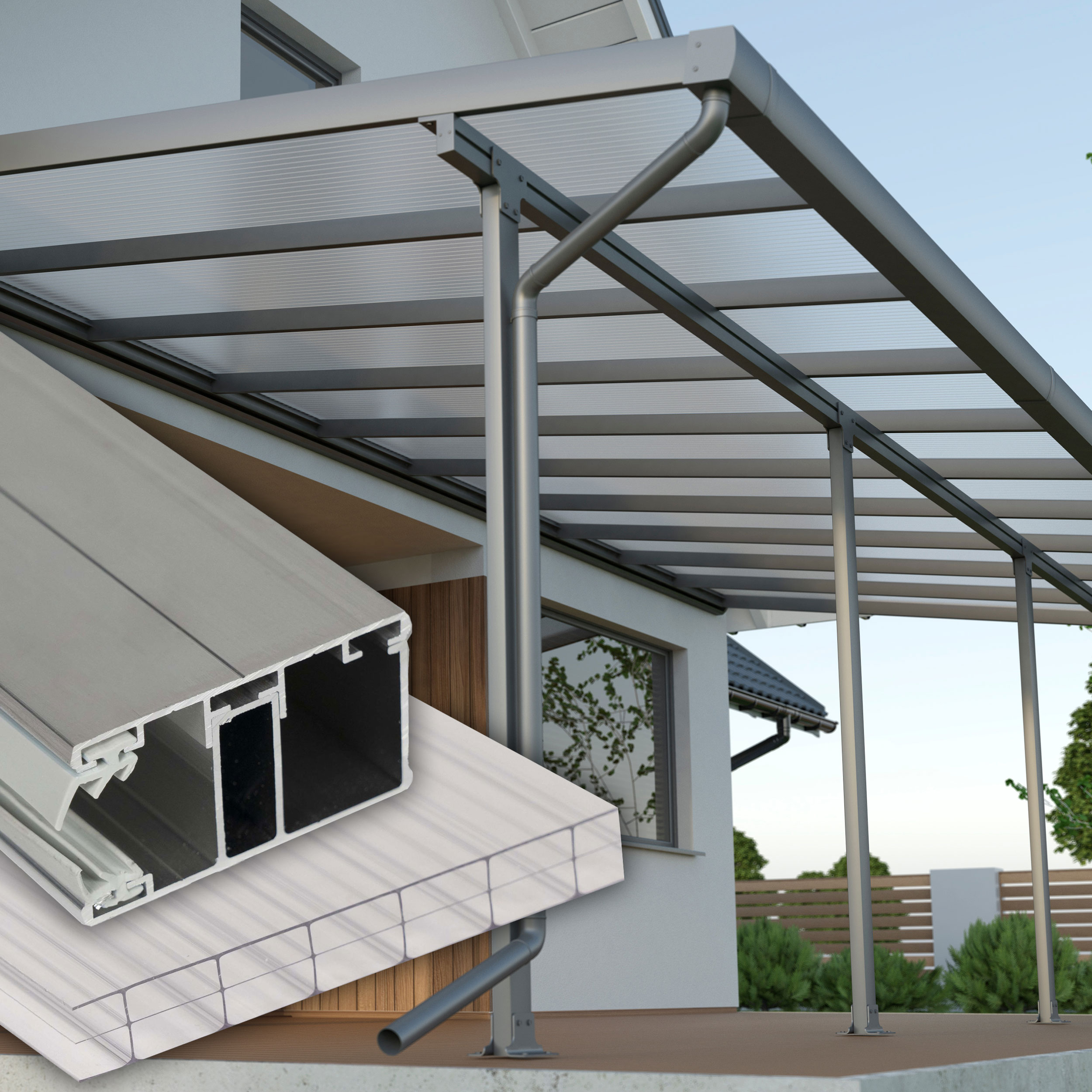 Terrassenüberdachung klar 3 fach Struktur Alu-Alu – Doppelstegplatten 16 mm Polycarbonat 