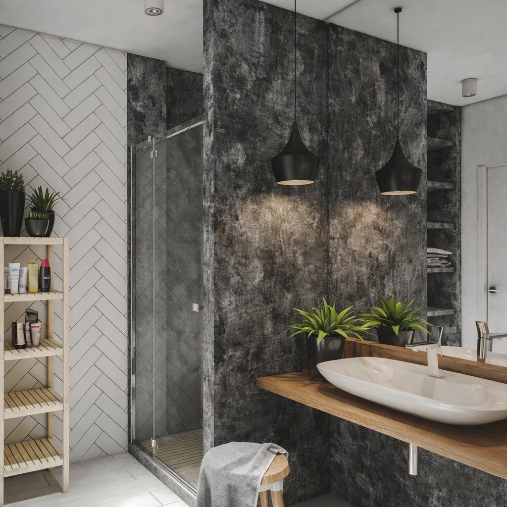 Wandverkleidung Bad Aluverbund - Metall oxidiert dunkel Steinstruktur | ALUCOM® Design Interieur