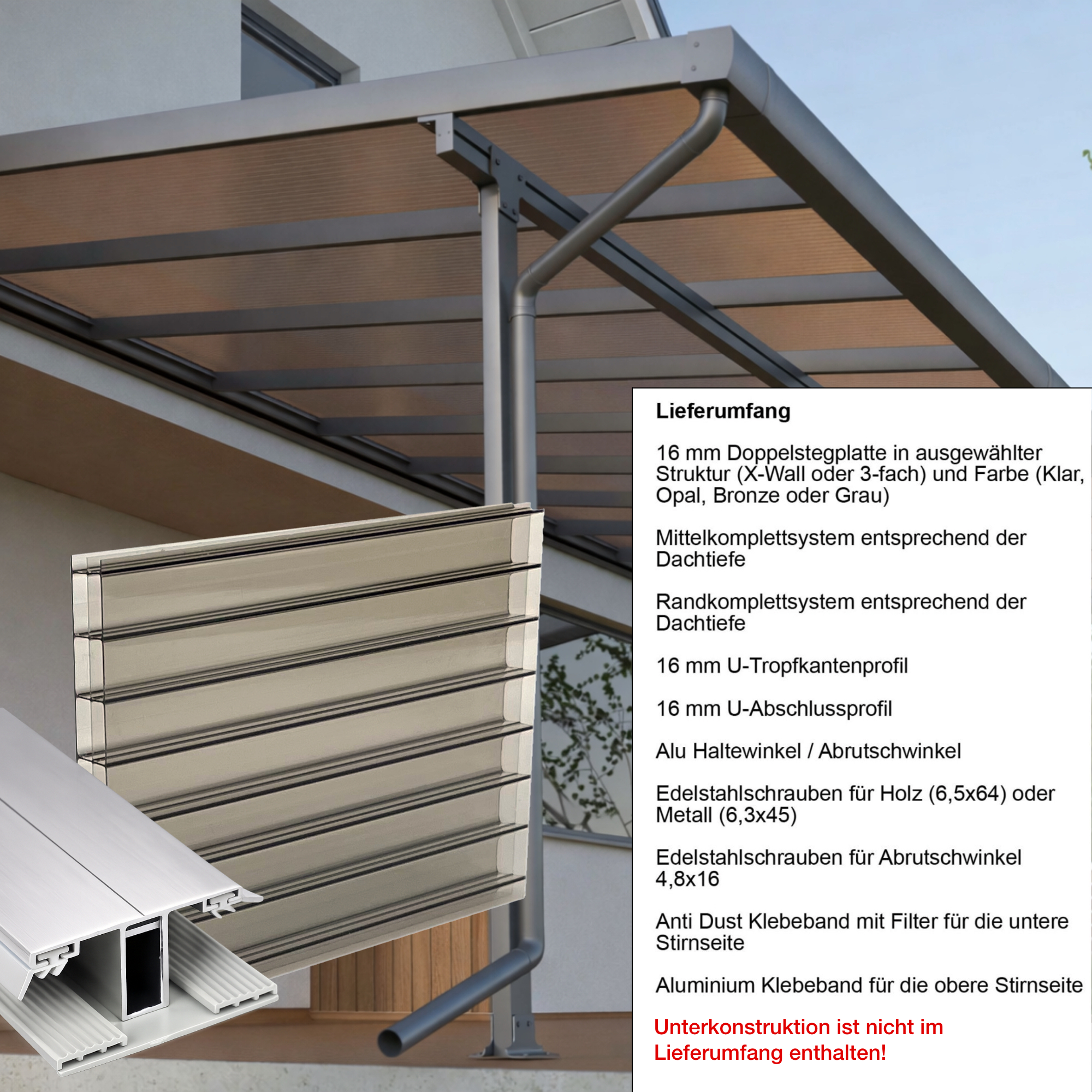 Terrassenüberdachung Braun 3 fach Struktur Alu-Gummi – Doppelstegplatten 16 mm Polycarbonat 