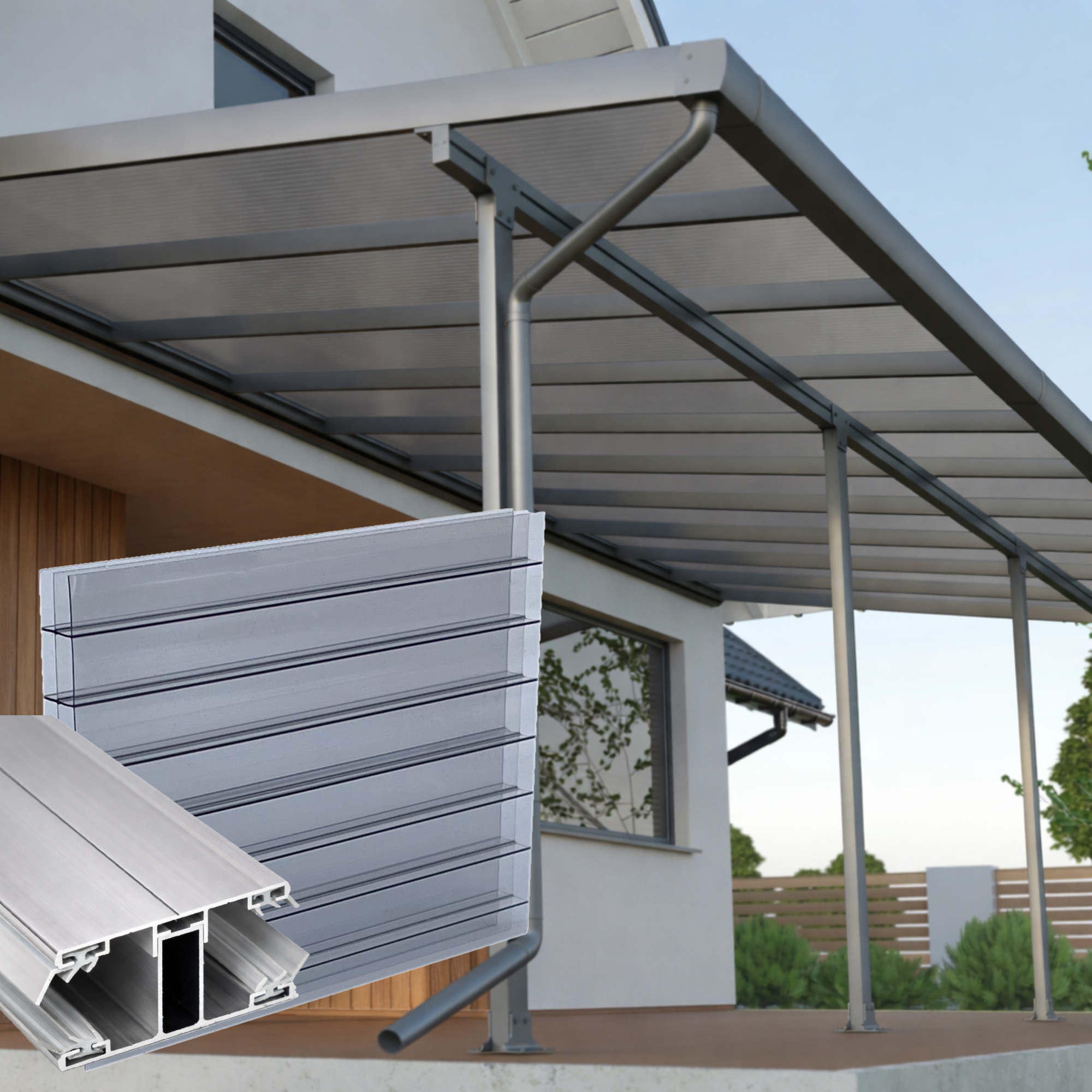 Terrassenüberdachung Grau 3 fach Struktur Alu-Alu – Doppelstegplatten 16 mm Polycarbonat