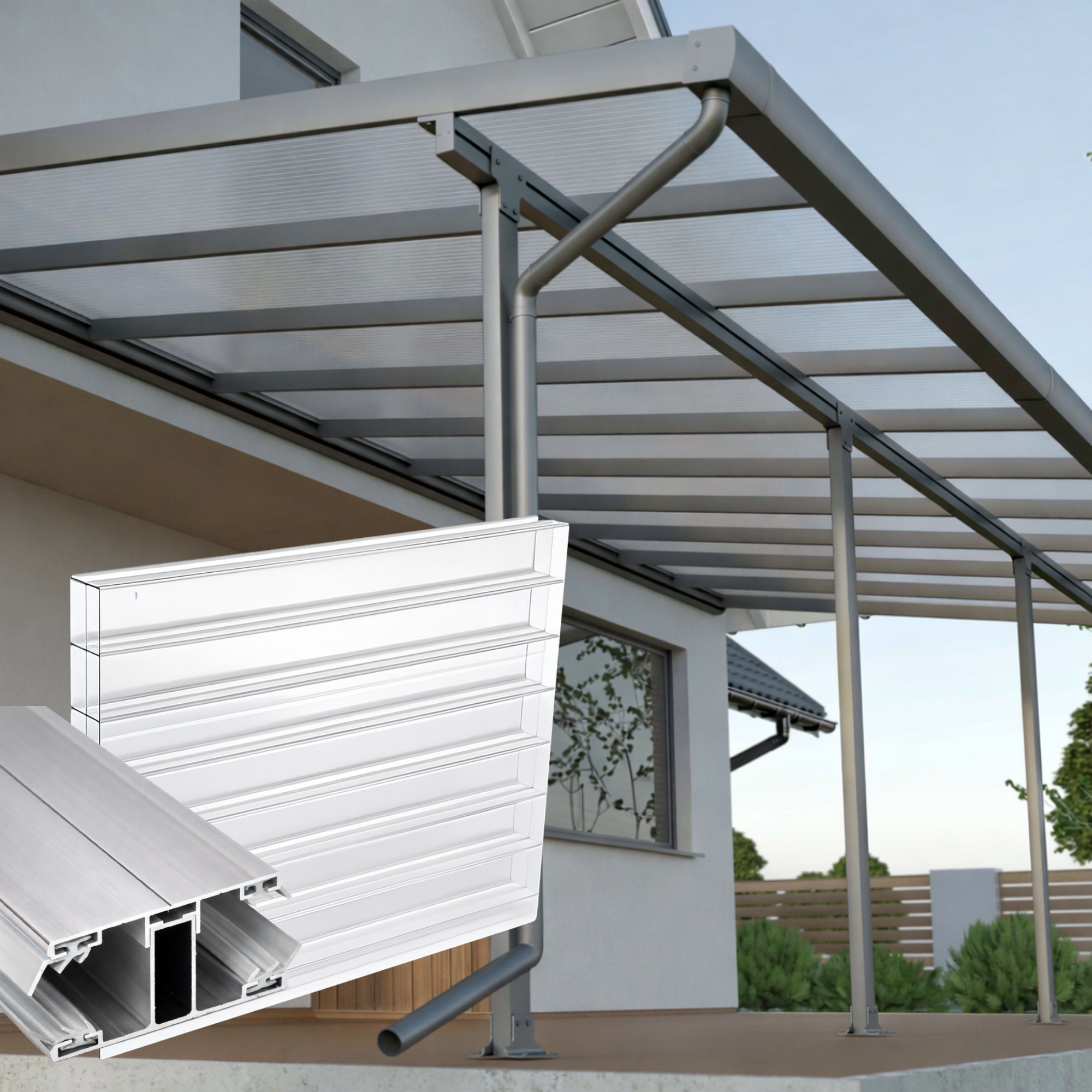 Terrassenüberdachung klar 3 fach Struktur Alu-Alu – Doppelstegplatten 16 mm Polycarbonat 