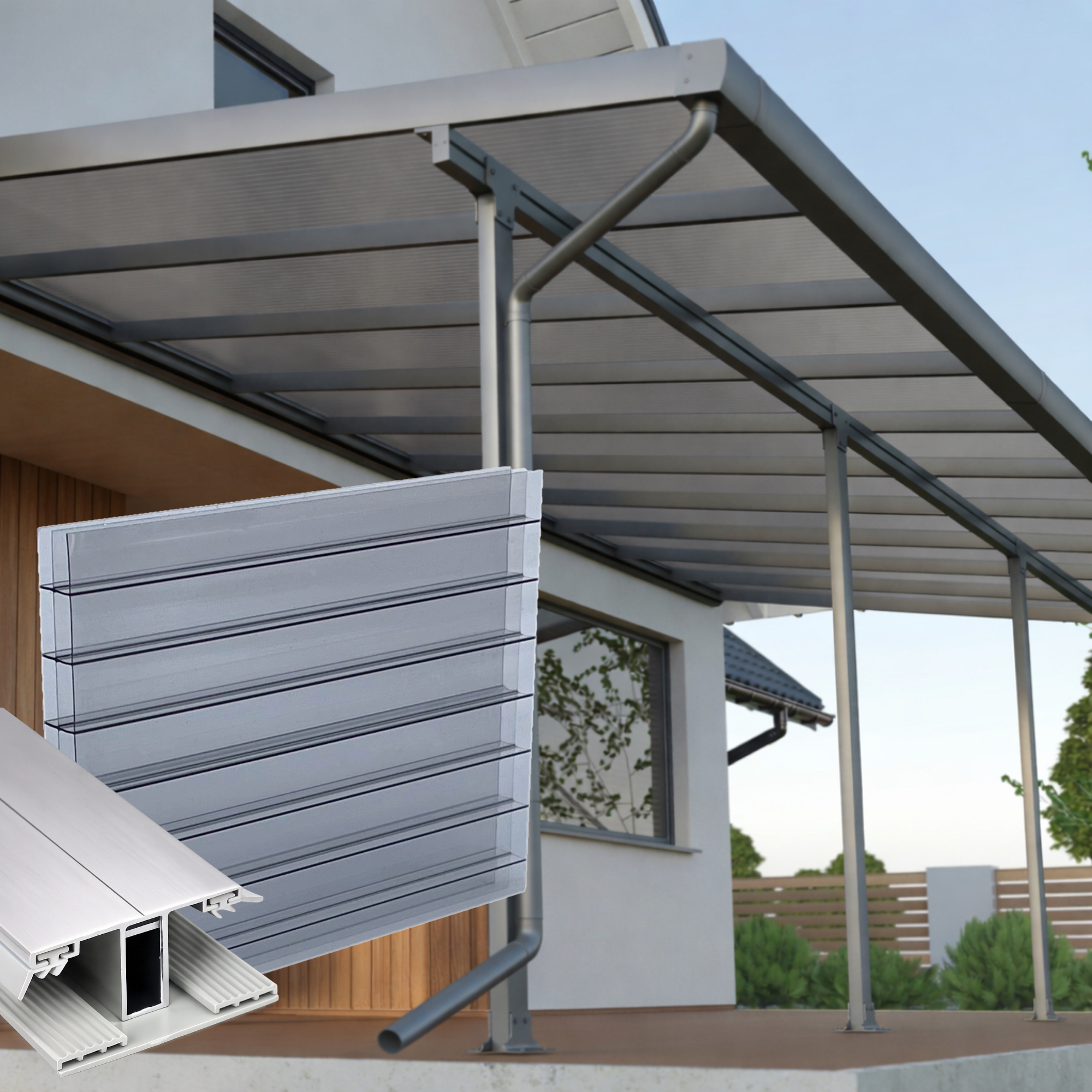 Terrassenüberdachung Anthrazit 3 fach Struktur Alu-Gummi – Doppelstegplatten 16 mm Polycarbonat