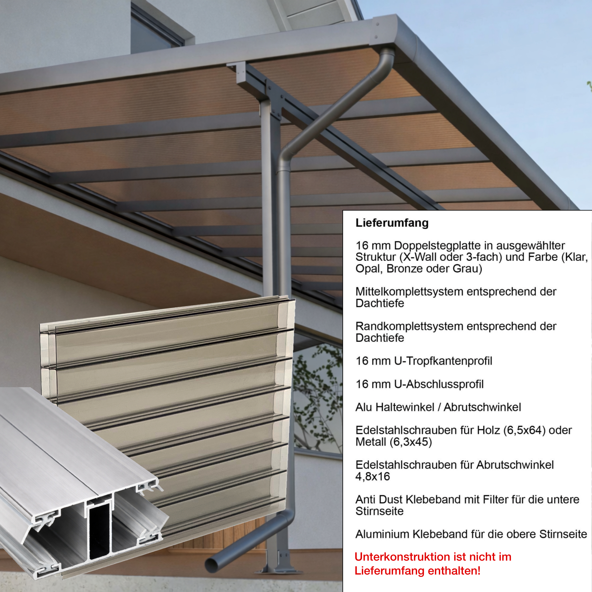 Terrassenüberdachung Bronze 3 fach Struktur Alu-Alu – Doppelstegplatten 16 mm Polycarbonat