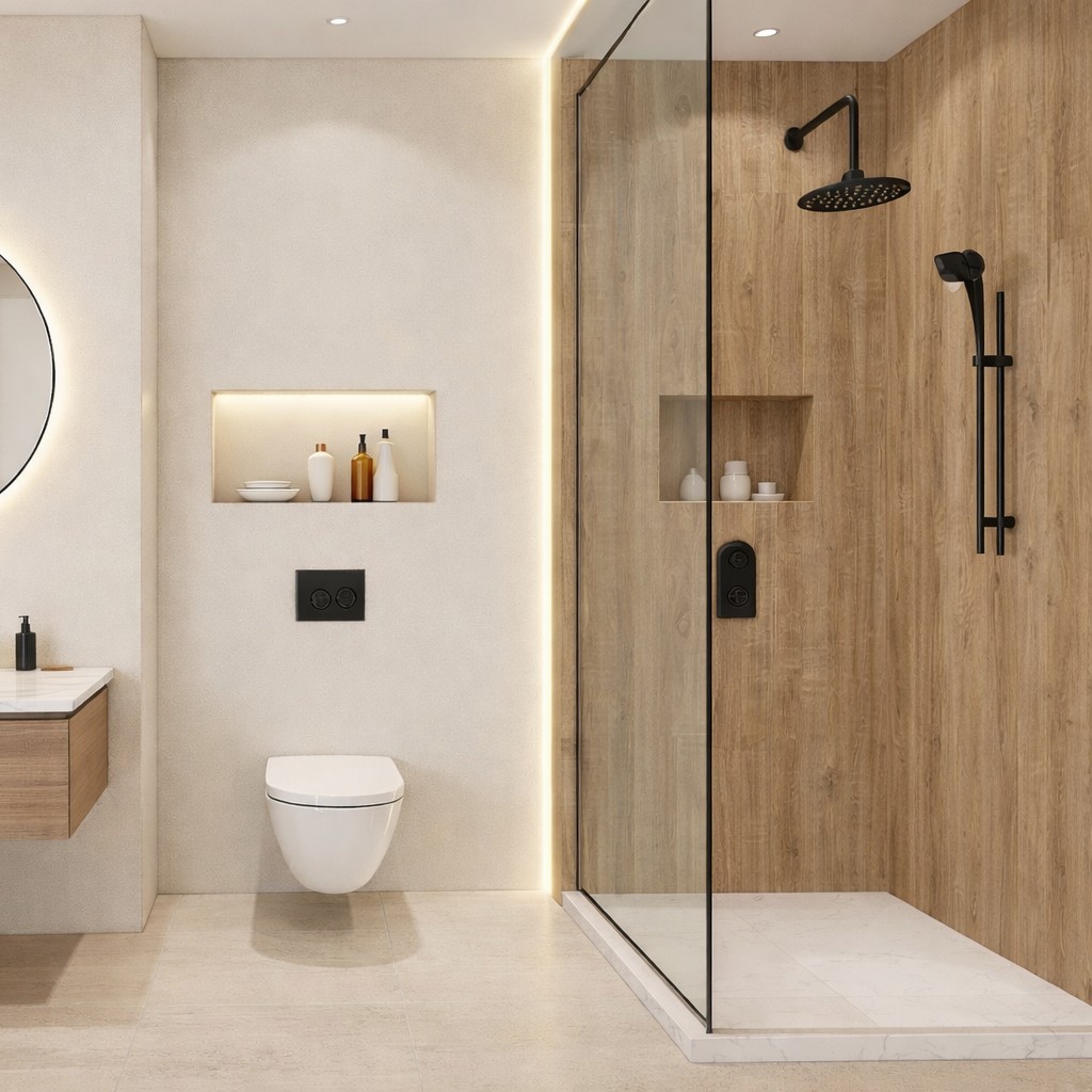 Wandverkleidung Bad Aluverbund - Wildeiche fein | ALUCOM® Design Interieur