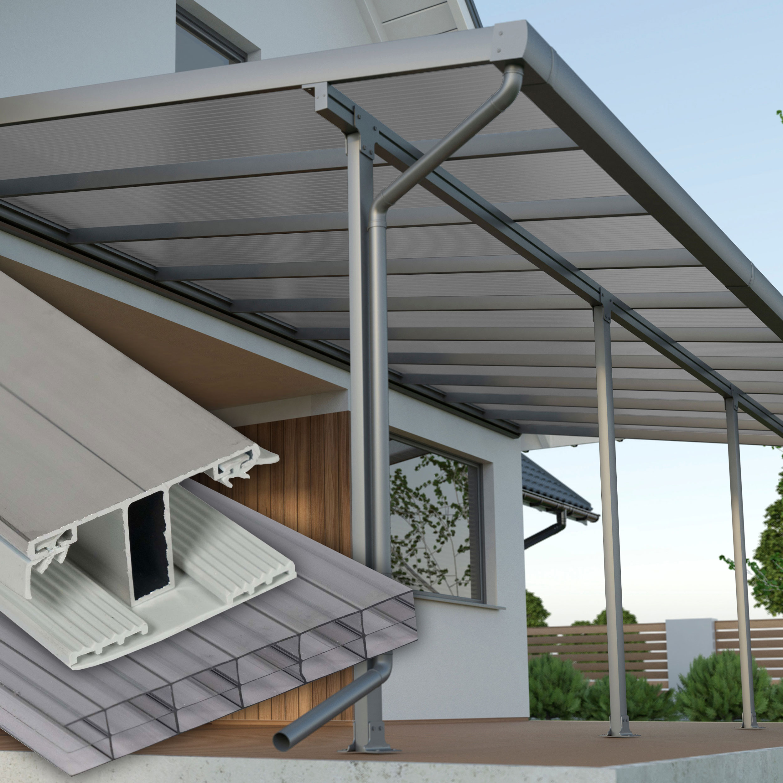 Terrassenüberdachung Anthrazit 3 fach Struktur Alu-Gummi – Doppelstegplatten 16 mm Polycarbonat