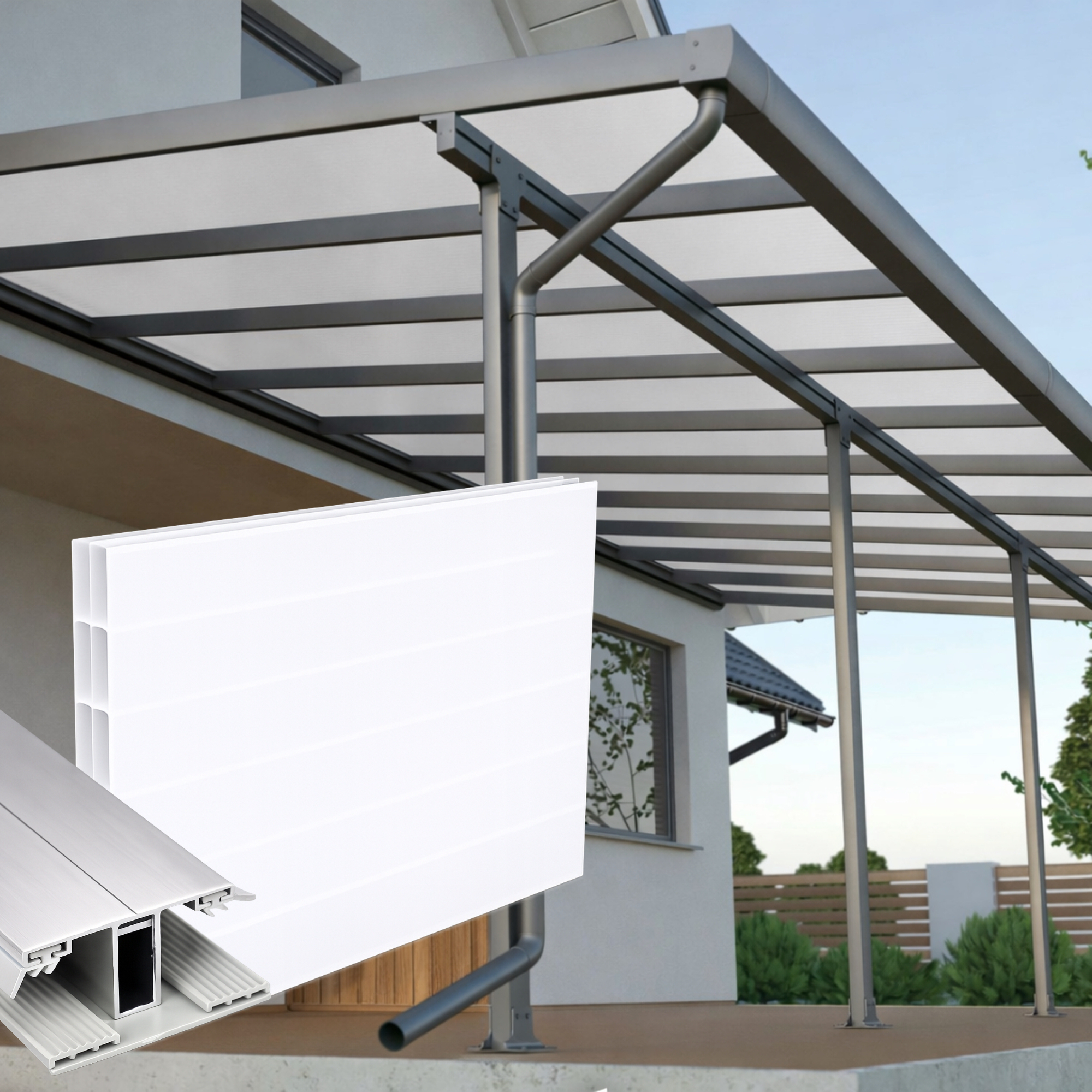 Terrassenüberdachung Weiß 3 fach Struktur Alu-Gummi – Doppelstegplatten 16 mm Polycarbonat 
