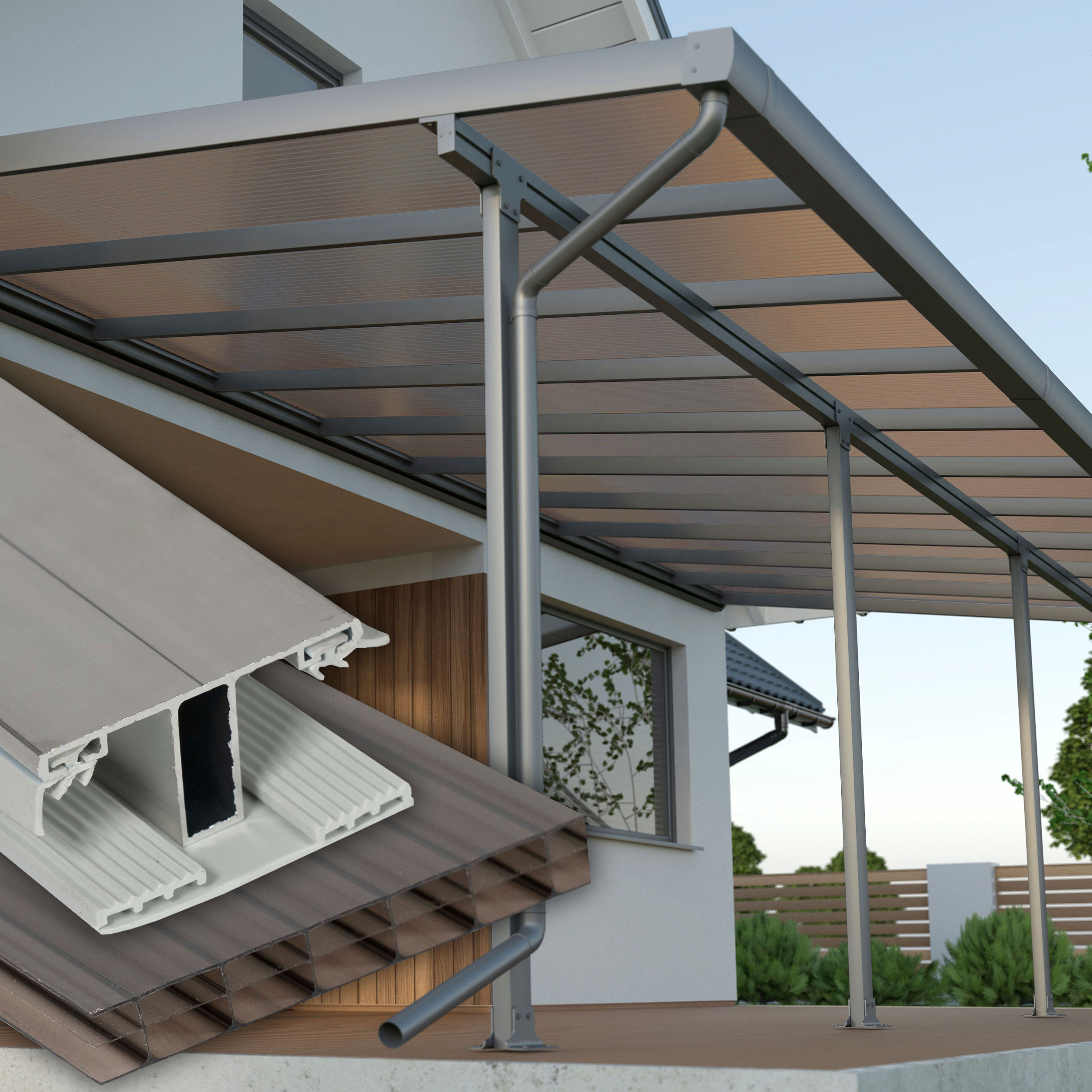 Terrassenüberdachung Braun 3 fach Struktur Alu-Gummi – Doppelstegplatten 16 mm Polycarbonat 