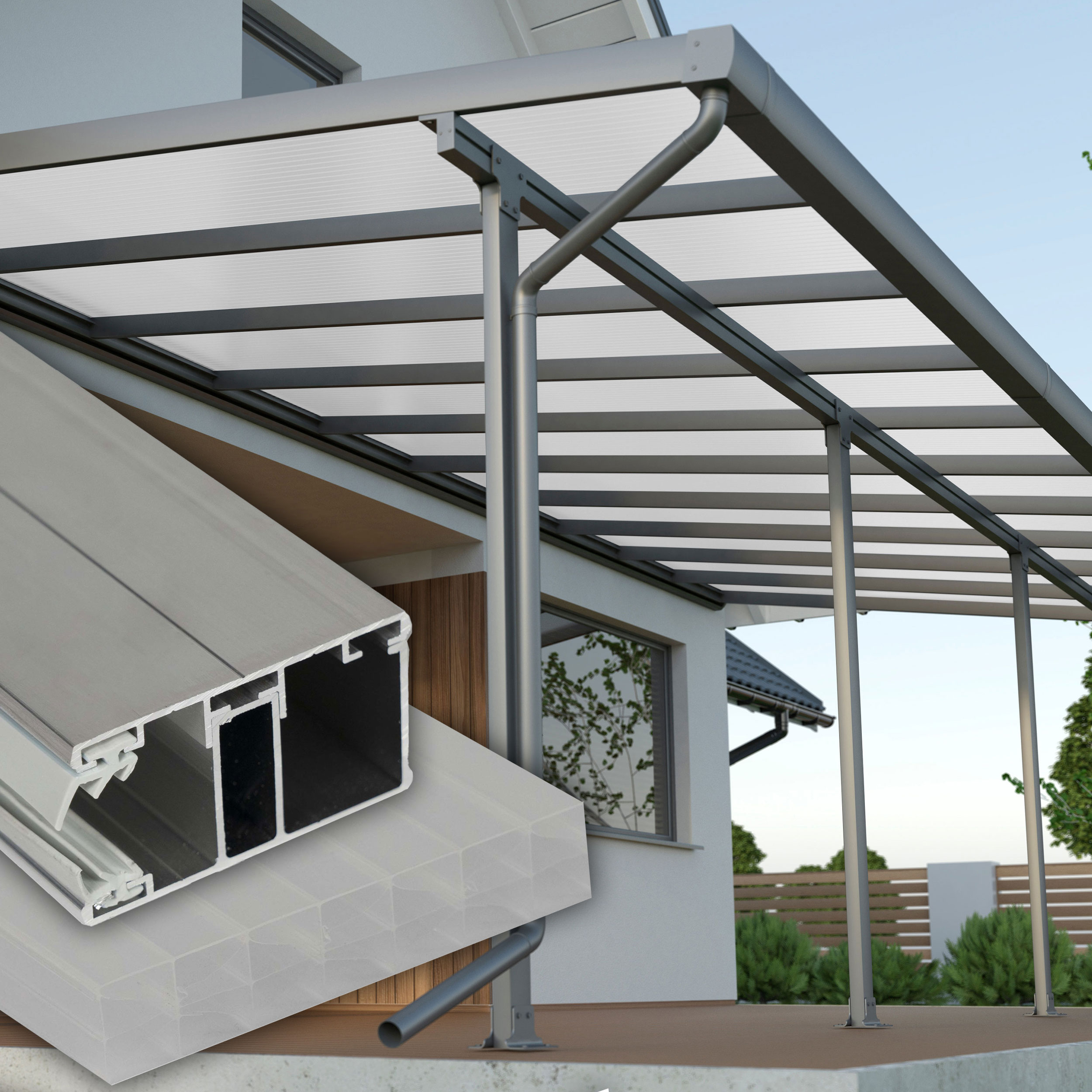 Terrassenüberdachung Weiß X Struktur Alu-Alu – Doppelstegplatten 16 mm Polycarbonat 