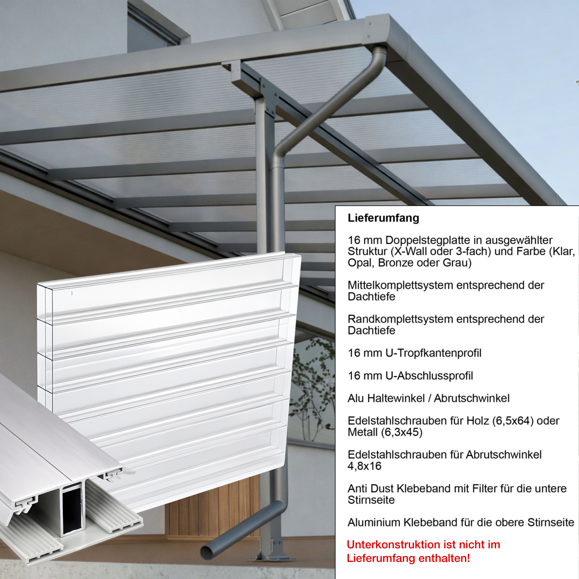 Terrassenüberdachung klar 3 fach Struktur Alu-Gummi – Doppelstegplatten 16 mm Polycarbonat
