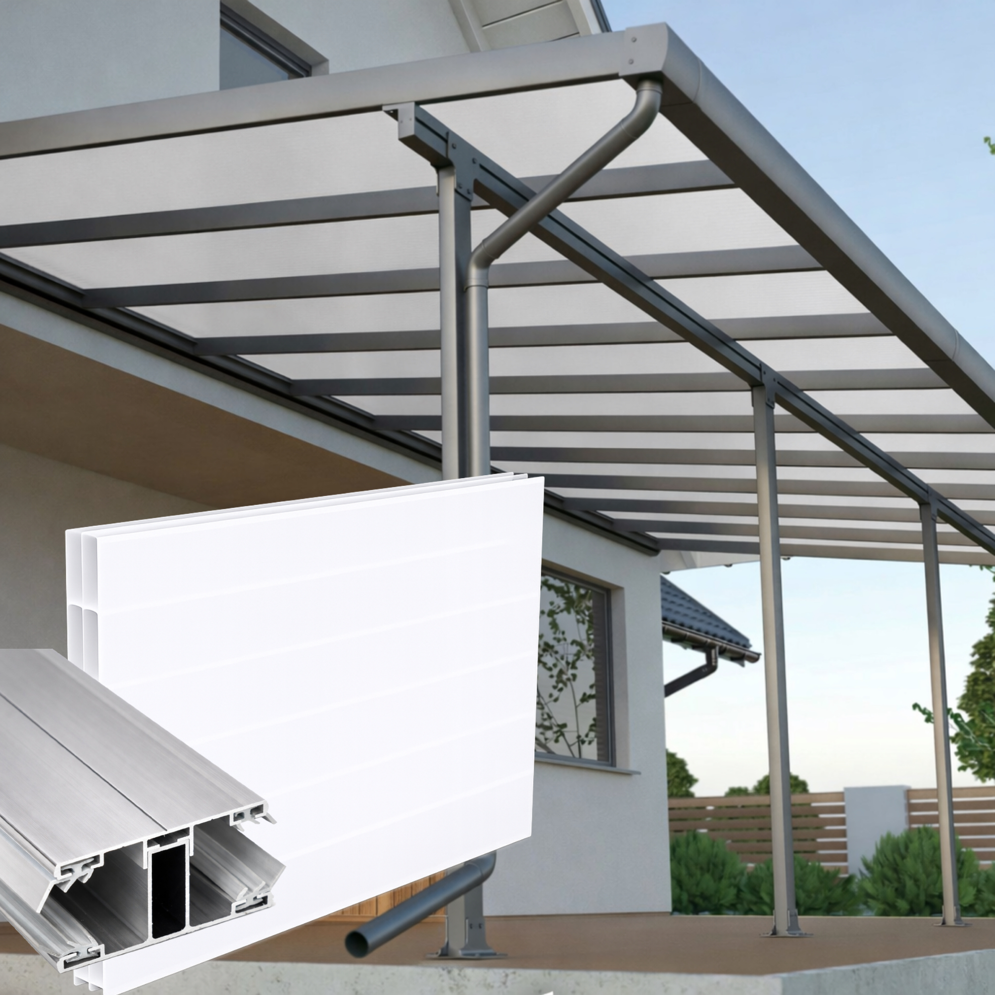 Terrassenüberdachung Weiß 3 fach Struktur Alu-Alu – Doppelstegplatten 16 mm Polycarbonat 
