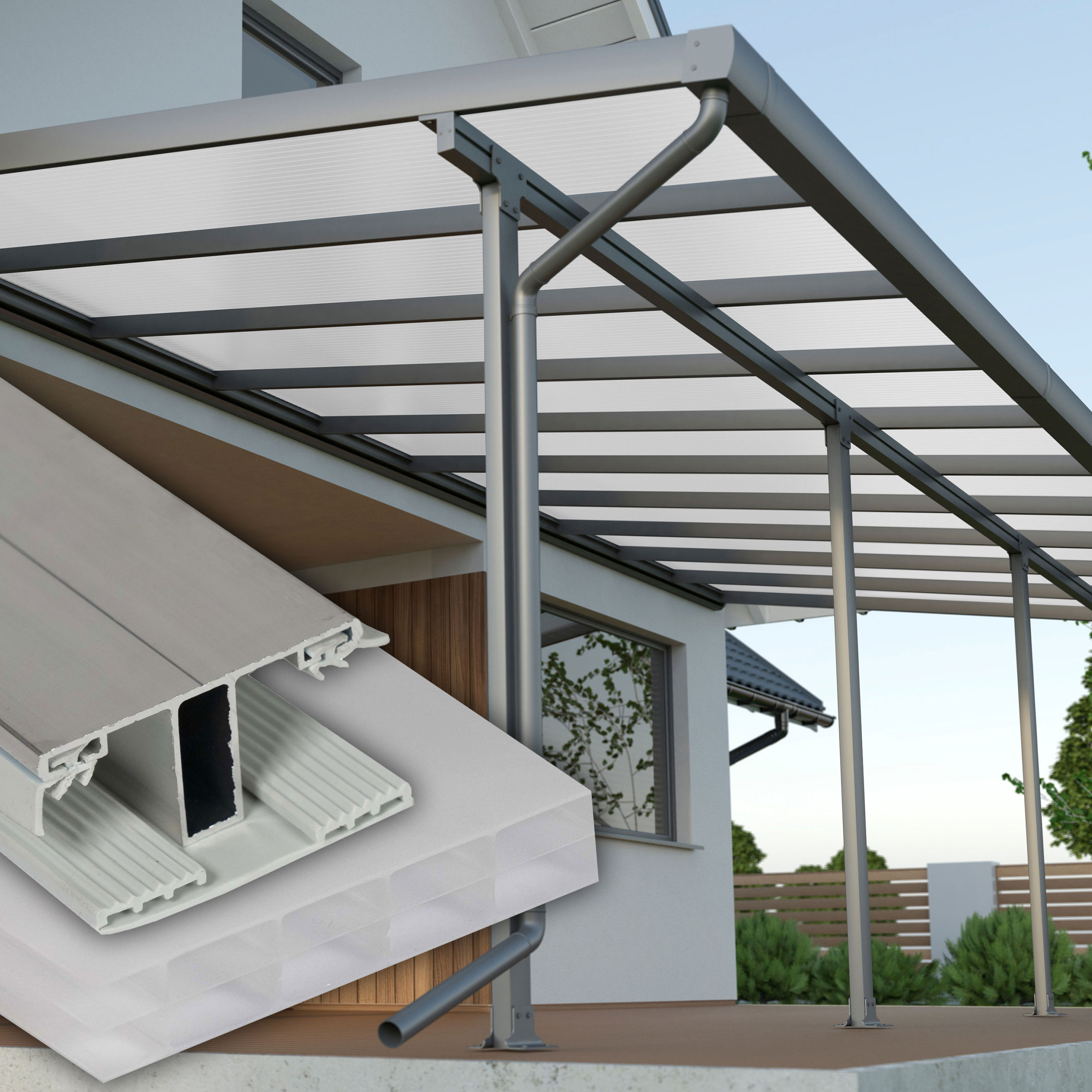 Terrassenüberdachung Weiß 3 fach Struktur Alu-Gummi – Doppelstegplatten 16 mm Polycarbonat 