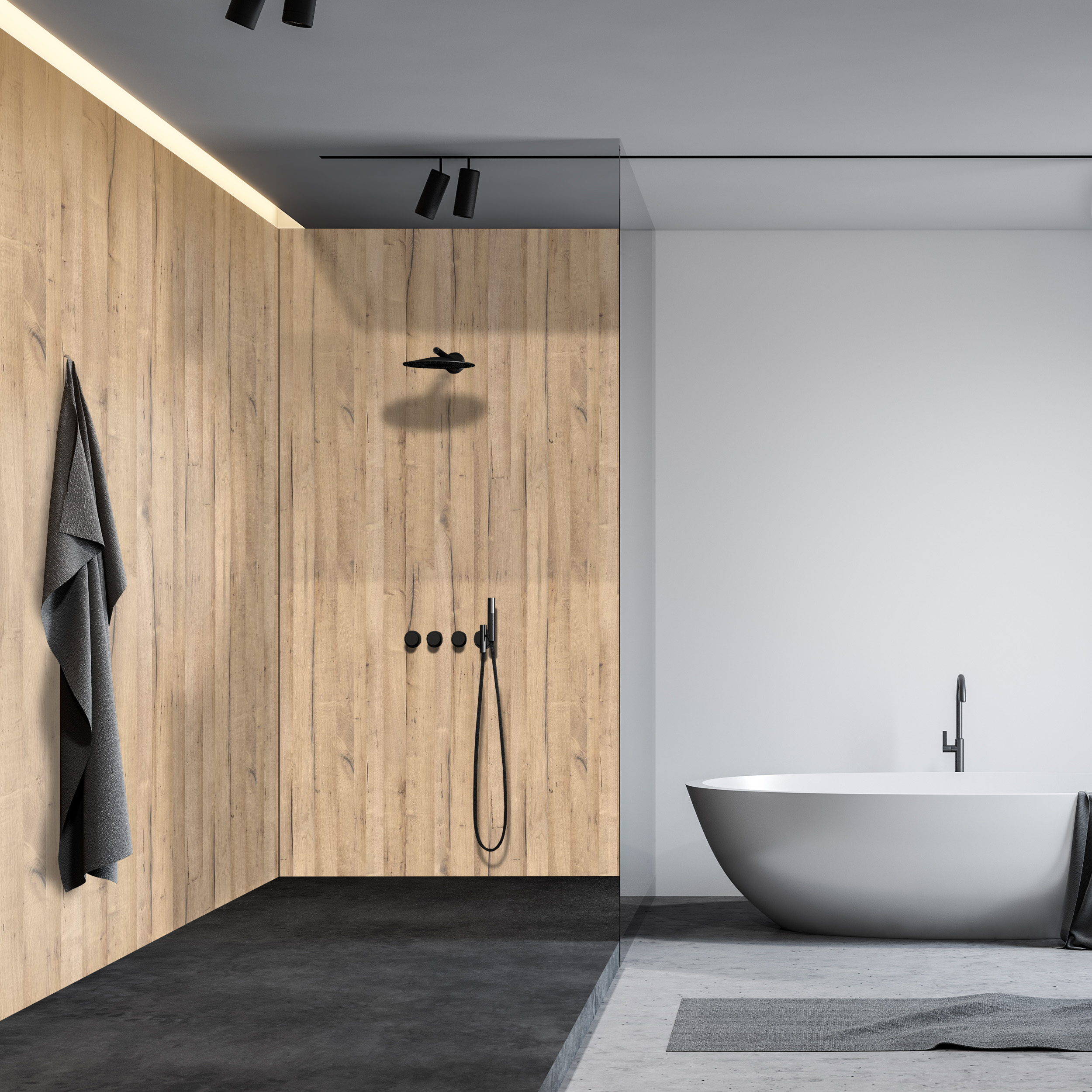 Wandverkleidung Bad Aluverbund - Schwarzwald Eiche Hell | ALUCOM® Design Interieur Wandverkleidung Bad Aluverbund - Schwarzwald Eiche Hell | ALUCOM® Design Interieur
