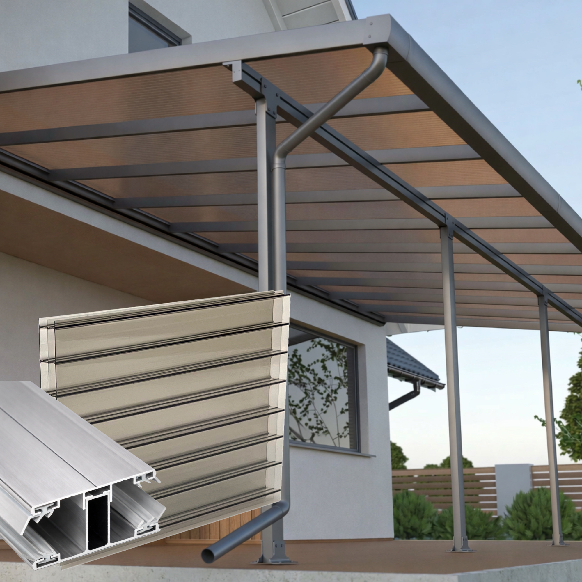 Terrassenüberdachung Bronze 3 fach Struktur Alu-Alu – Doppelstegplatten 16 mm Polycarbonat