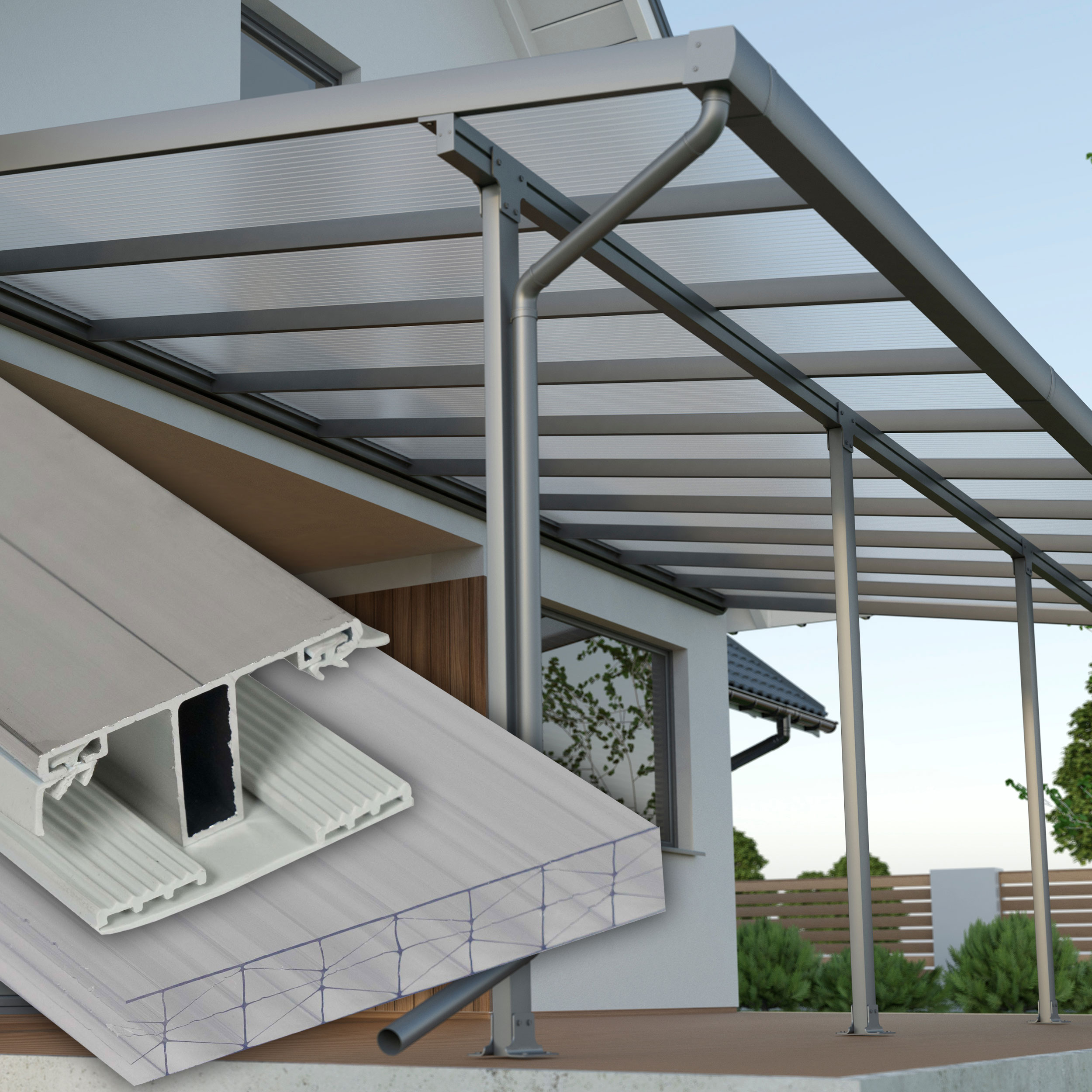 Terrassenüberdachung klar X Struktur Alu-Gummi – Doppelstegplatten 16 mm Polycarbonat 