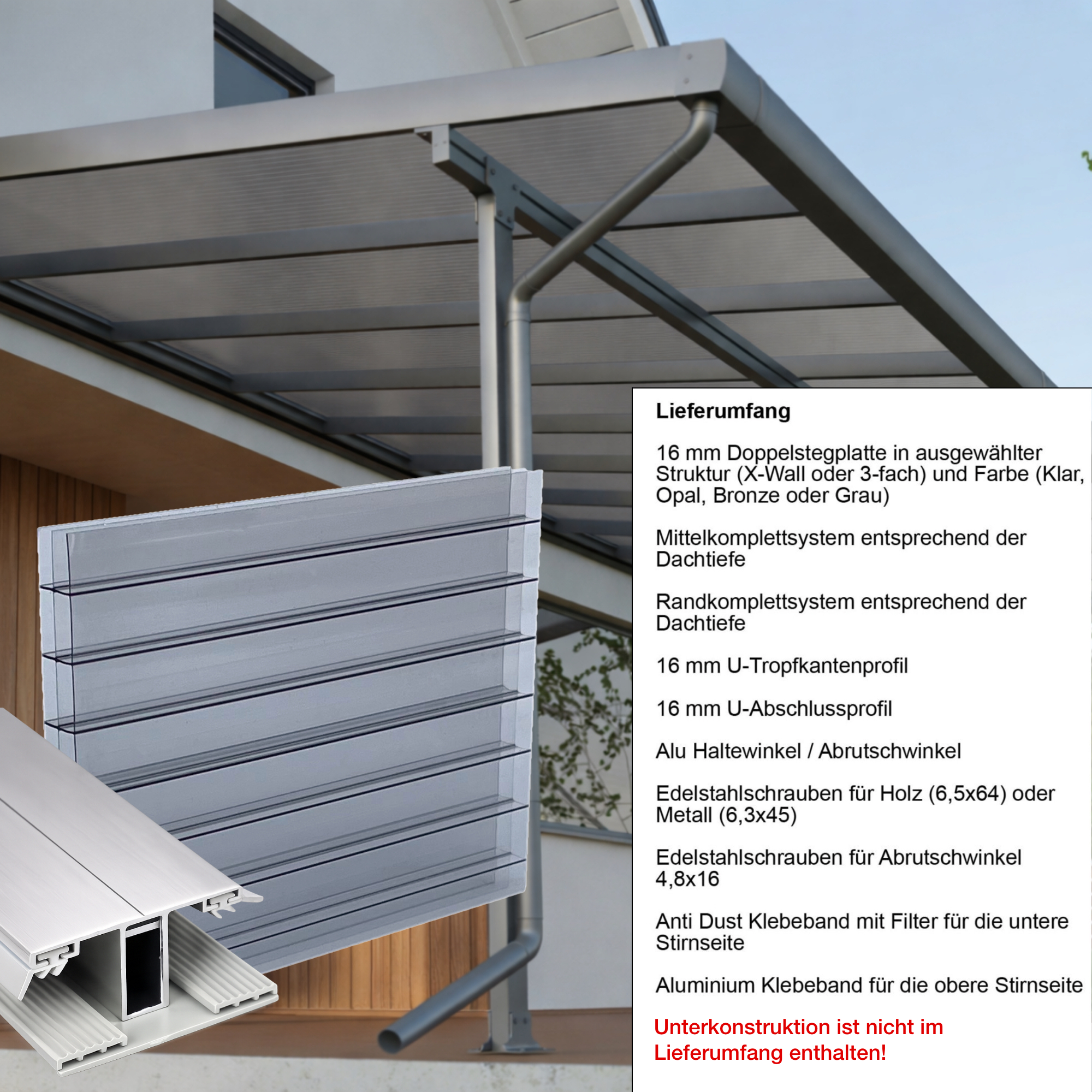 Terrassenüberdachung Anthrazit 3 fach Struktur Alu-Gummi – Doppelstegplatten 16 mm Polycarbonat